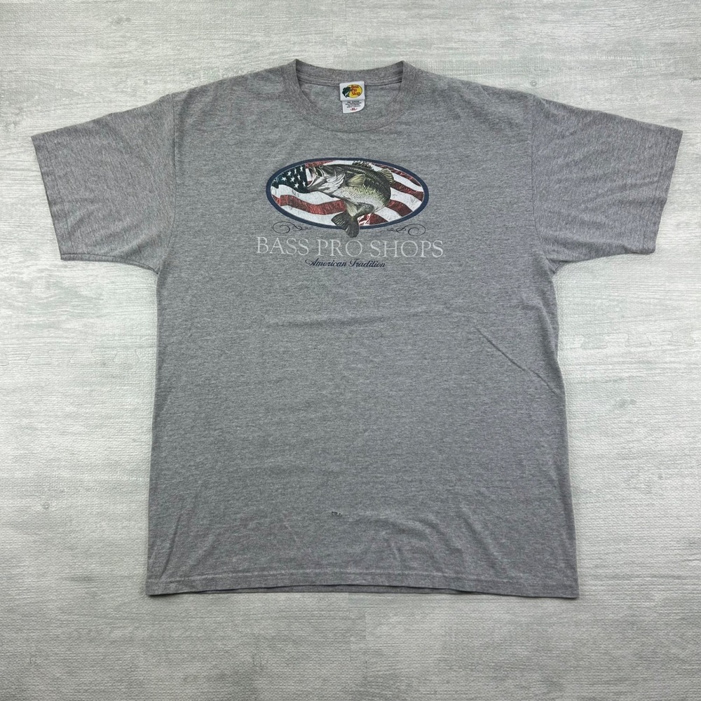 Vintage 90s Bass‎ Pro Shops Shirt Size XL Gray Fish USA Flag Graphic